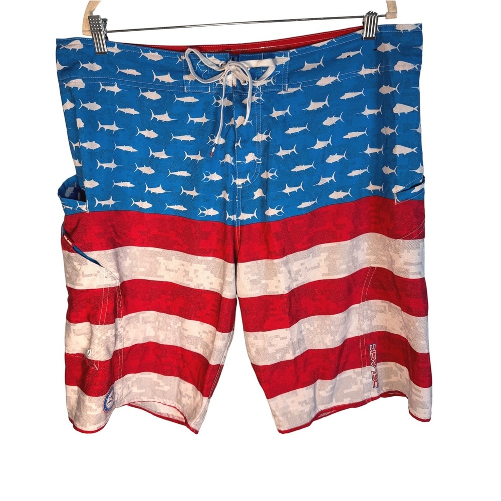Pelagic Board Shorts Size 38 Fish Flag American Flag Fishing Trunks Patriotic - Picture 2 of 12
